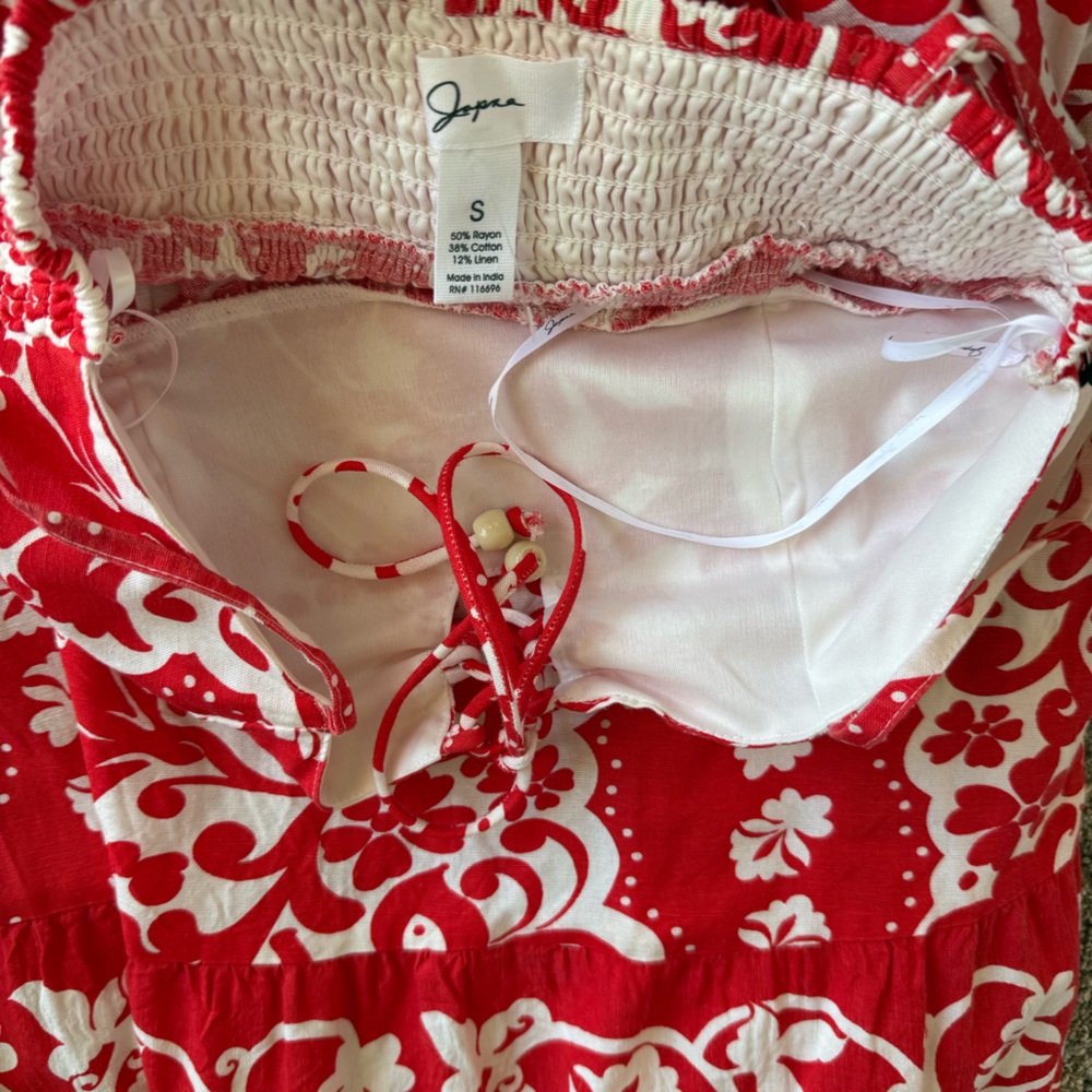 Nwt Japna Tropical Floral Maxi Dress - Small Red/White Smocked Cotton Blend - Picture 7 of 7